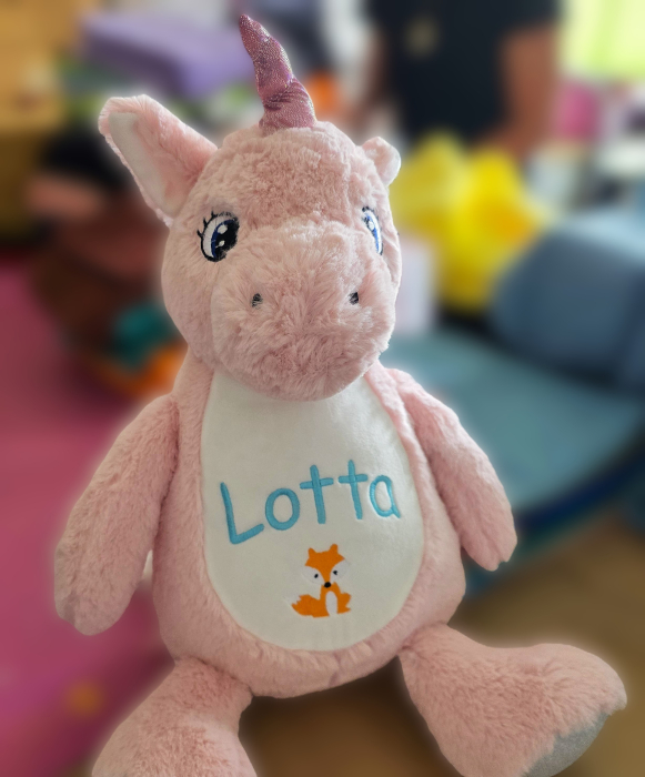 Preview: Plüsch Eule Koala Einhorn Pinguin oder Hase (40cm) mit Motiv/Name & Datum