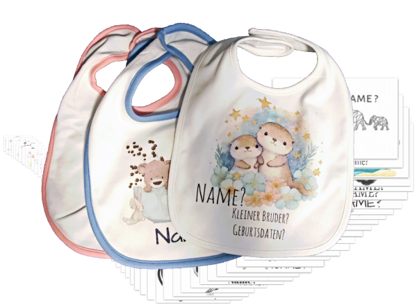 Baby-Lätzchen mit Motiv/Sternzeichen, Namen/Geburtsdaten bedruckt