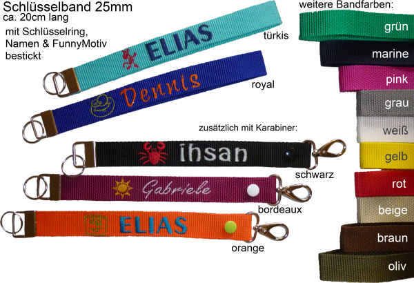 Schlüsselband 25mm mit Schlüsselring/Karabiner, Name & Symbol bestickt