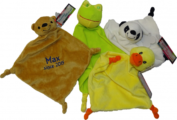 Schnuffeltuch (Bär, Panda, Ente oder Frosch) mit Name & Datum/Text bestickt