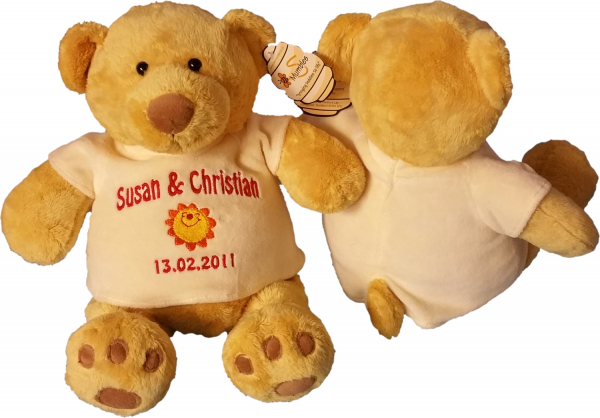 Teddy "Pummelchen",groß/ 38cm mit Minimotiv/Name & Datum bestickt