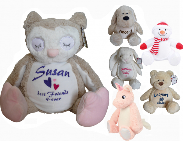Plüschtier Einhorn, Eule, Hund, Hase, Schneemann oder Bär (40cm) mit Motiv/Name & Datum