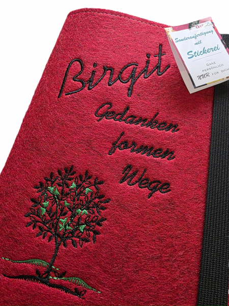 Notizbuch mit Filzeinband (Buch-Umschlag) DIN A5 (groß) + Name/Spruch & Motiv bestickt