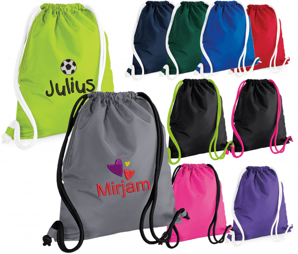 Turnbeutel/Sportbeutel mit Seitenfach mit Namen & Motiv bestickt
