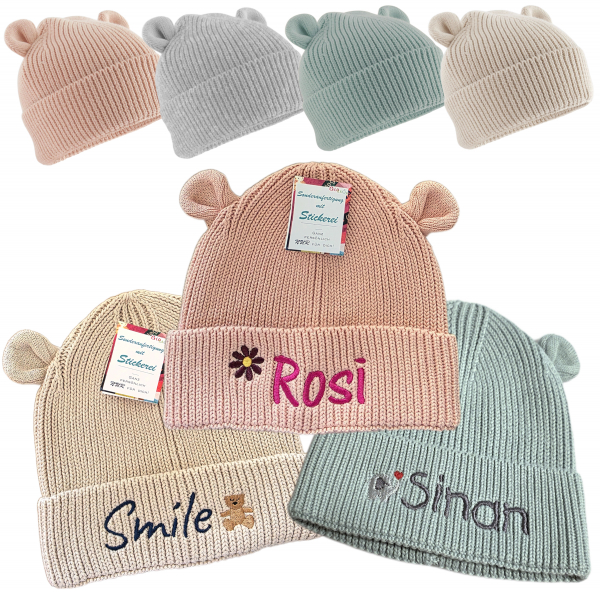 Baby Bio Stickmütze aus Baumwolle 6-24 M mit Motiv & Namen bestickt