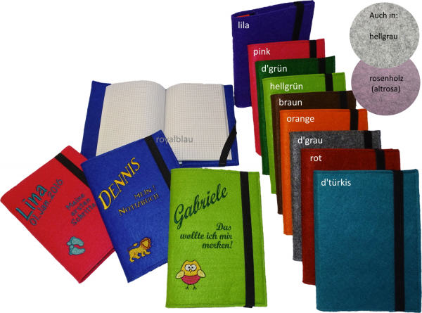 Notizbuch mit Filzeinband (Buch-Umschlag) DIN A5 (groß) + Name/Spruch & Motiv bestickt