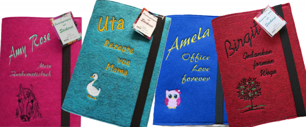 Notizbuch mit Filzeinband (Buch-Umschlag) DIN A5 (groß) + Name/Spruch & Motiv bestickt