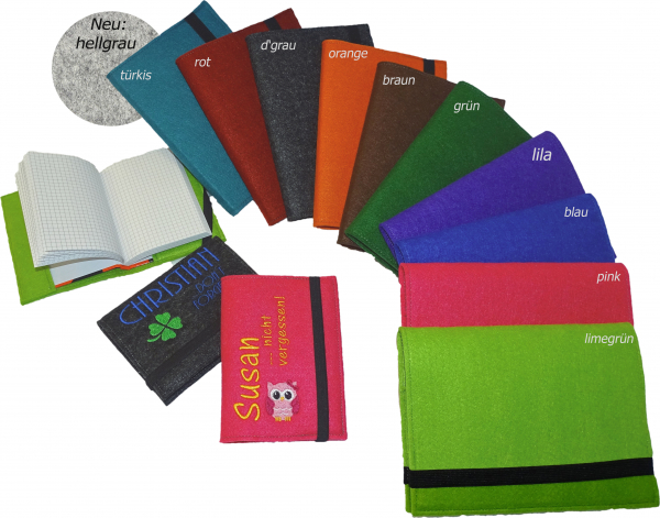 Notizbuch mit Filzeinband (Buch-Umschlag) DIN A6 (klein) + Name/Spruch & Motiv bestickt