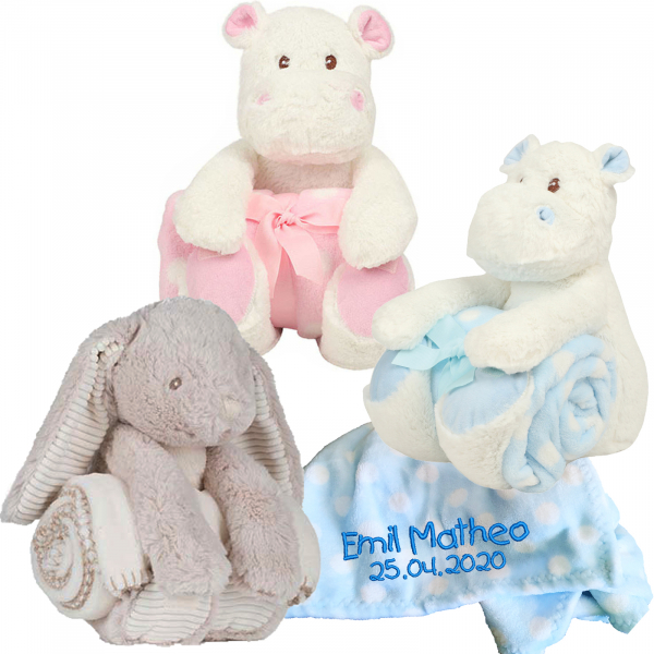 Hippo oder Hase inkl. Babydecke mit Name & Datum bestickt