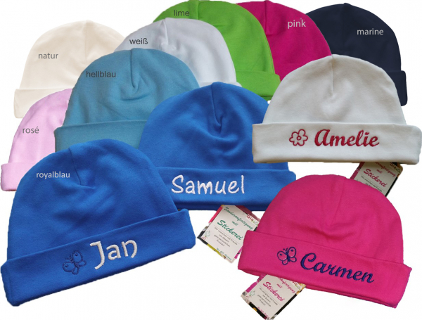Baby Bio Mütze mit Motiv & Namen bestickt