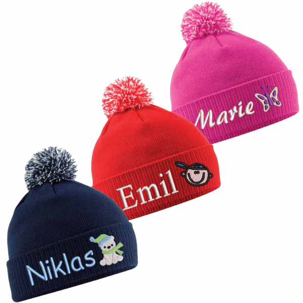 Kinder-Snow-Bommel-Strickmütze mit Motiv / Namen bestickt