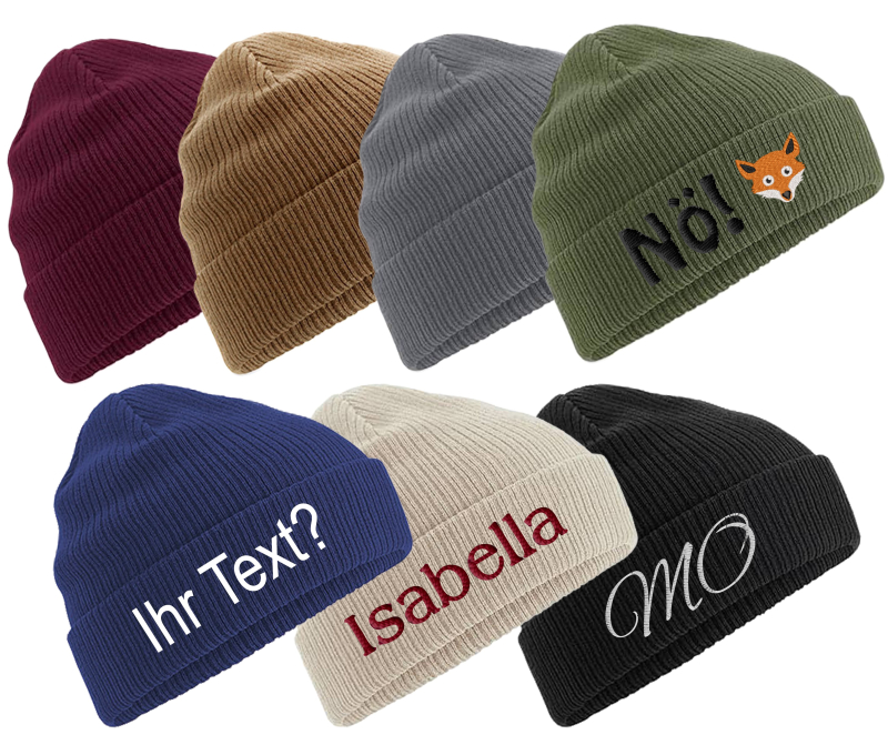BiO-Baumwolle Strickmütze (ab 12J - Erwachsene ) mit Motiv / Namen bestickt
