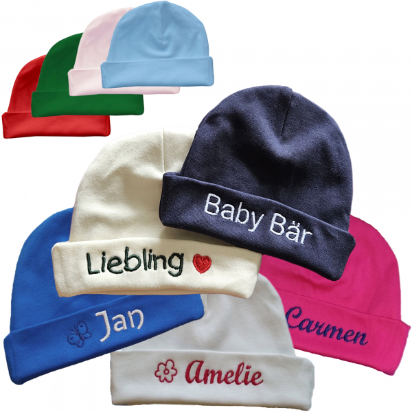 Baby Bio Mütze mit Motiv & Namen bestickt
