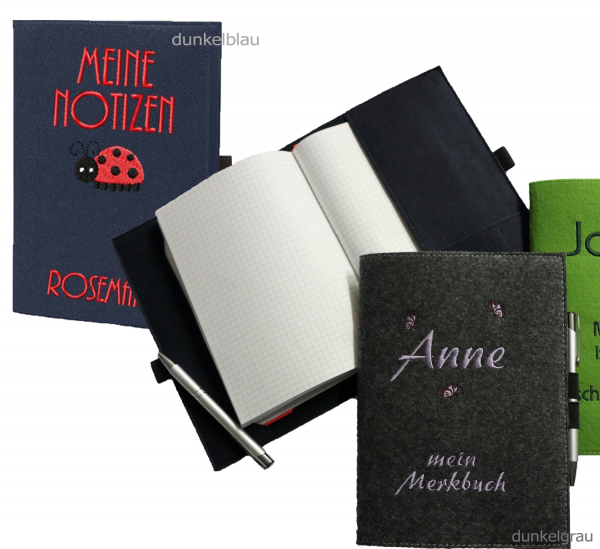 FILZ-Notizbuch mit STIFT Din A5 (groß) + Name/Spruch & Motiv bestickt
