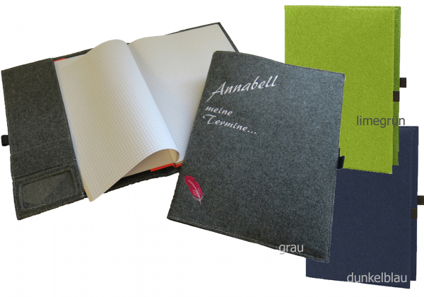 Filz Einband/Umschlag mit Notizbuch DIN A4 (extragroß) mit Name/Spruch & Motiv bestickt
