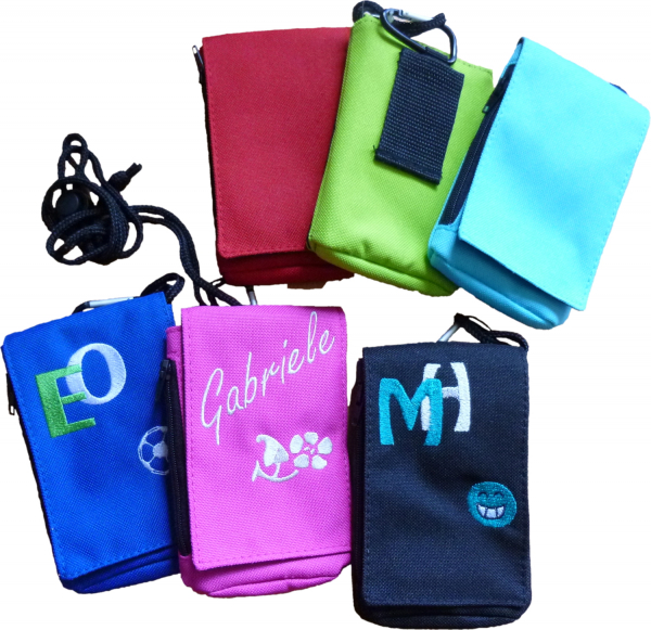 Handy-Tasche (klein) mit Karabiner & Motiv, Namen oder Monogramm bestickt