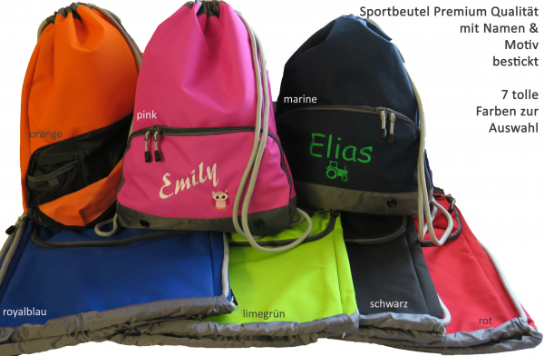 Großer Sportbeutel Rucksack Premium Qualität mit Namen / Motiv bestickt