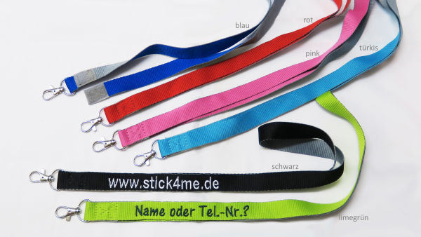 Lanyard 20mm mit Karabiner, Klettverschluß & Namen bestickt