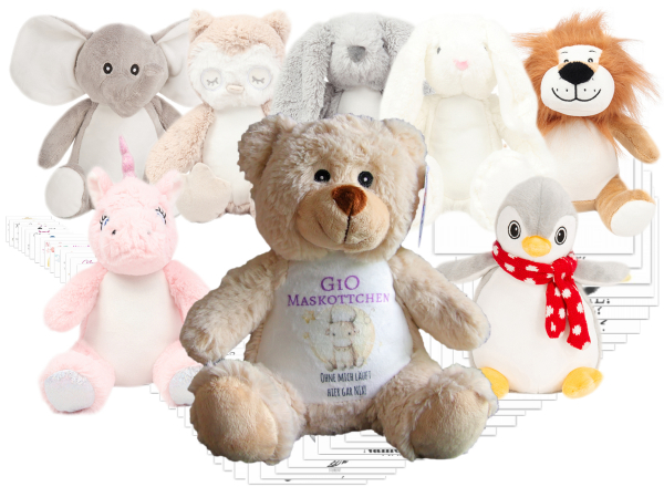 Plüschtier (25cm) Einhorn, Löwe, Bär, Eule, Elefant, Hase oder Pinguin  mit Sternzeichen/Motiv/Name bedruckt