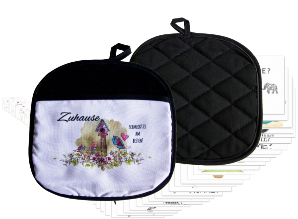 Topflappen groß, schwarz/weiß mit Motiv/Sternzeichen/Namen/Text bedruckt