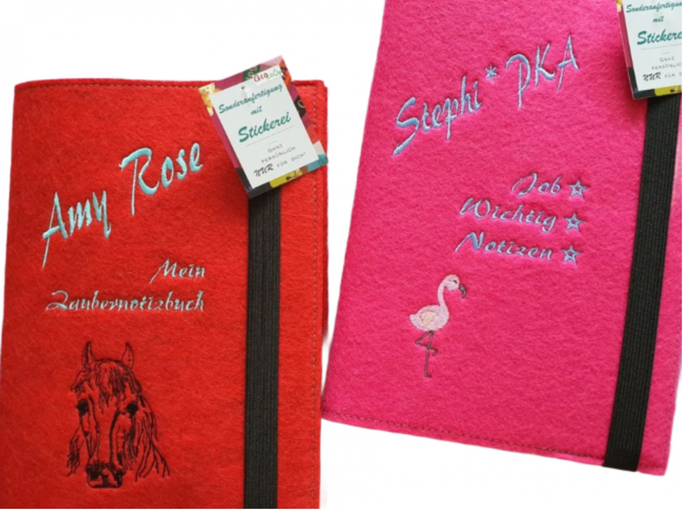 Notizbuch mit Filzeinband (Buch-Umschlag) DIN A5 (groß) + Name/Spruch & Motiv bestickt
