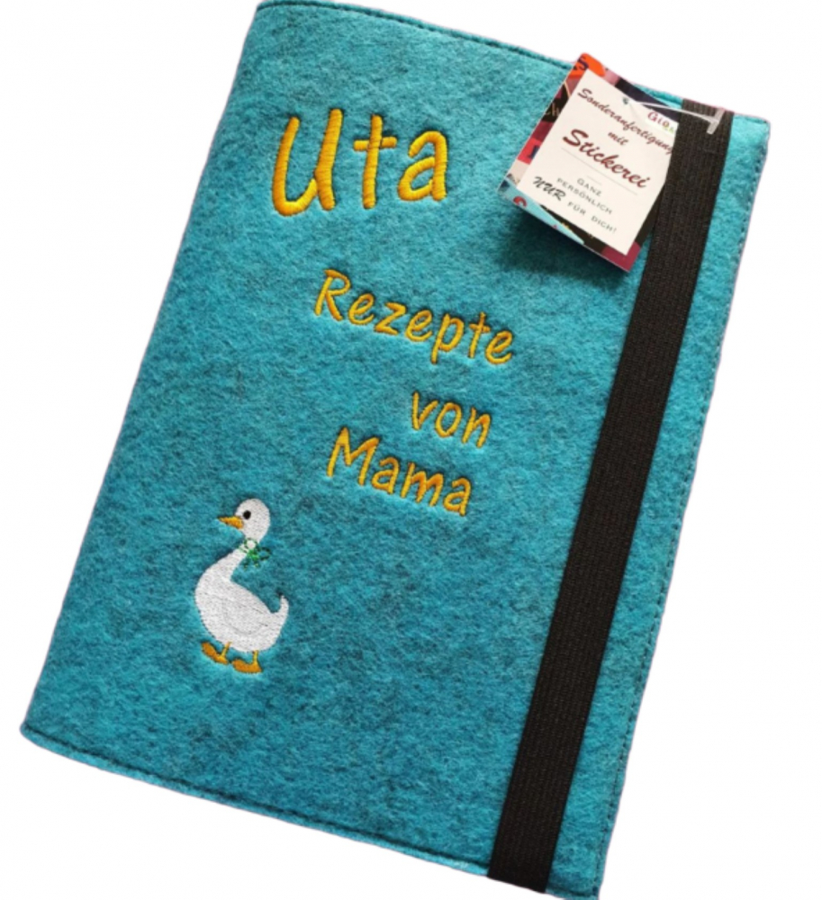 Notizbuch mit Filzeinband (Buch-Umschlag) DIN A5 (groß) + Name/Spruch & Motiv bestickt