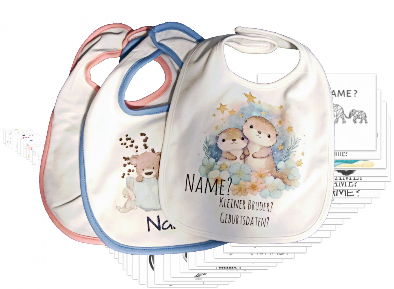 Baby-Lätzchen mit Motiv/Sternzeichen, Namen/Geburtsdaten bedruckt
