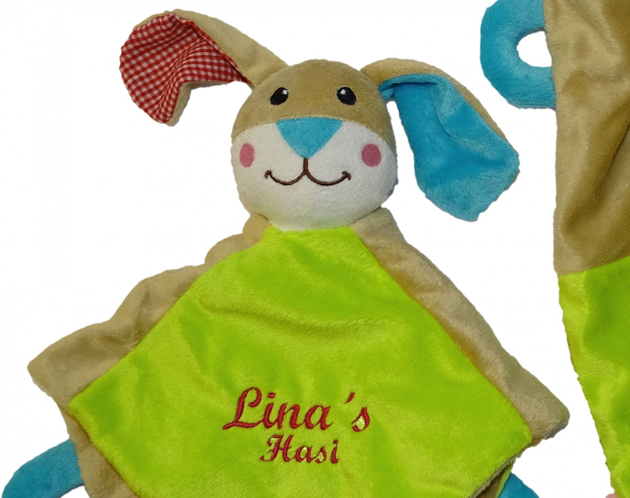 Schmusetuch, Schnuffeltuch Hase (bunt) mit Name & Datum/Text bestickt