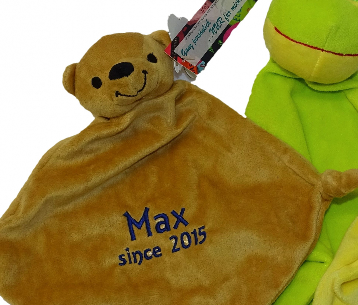 Schnuffeltuch (Bär, Panda, Ente oder Frosch) mit Name & Datum/Text bestickt