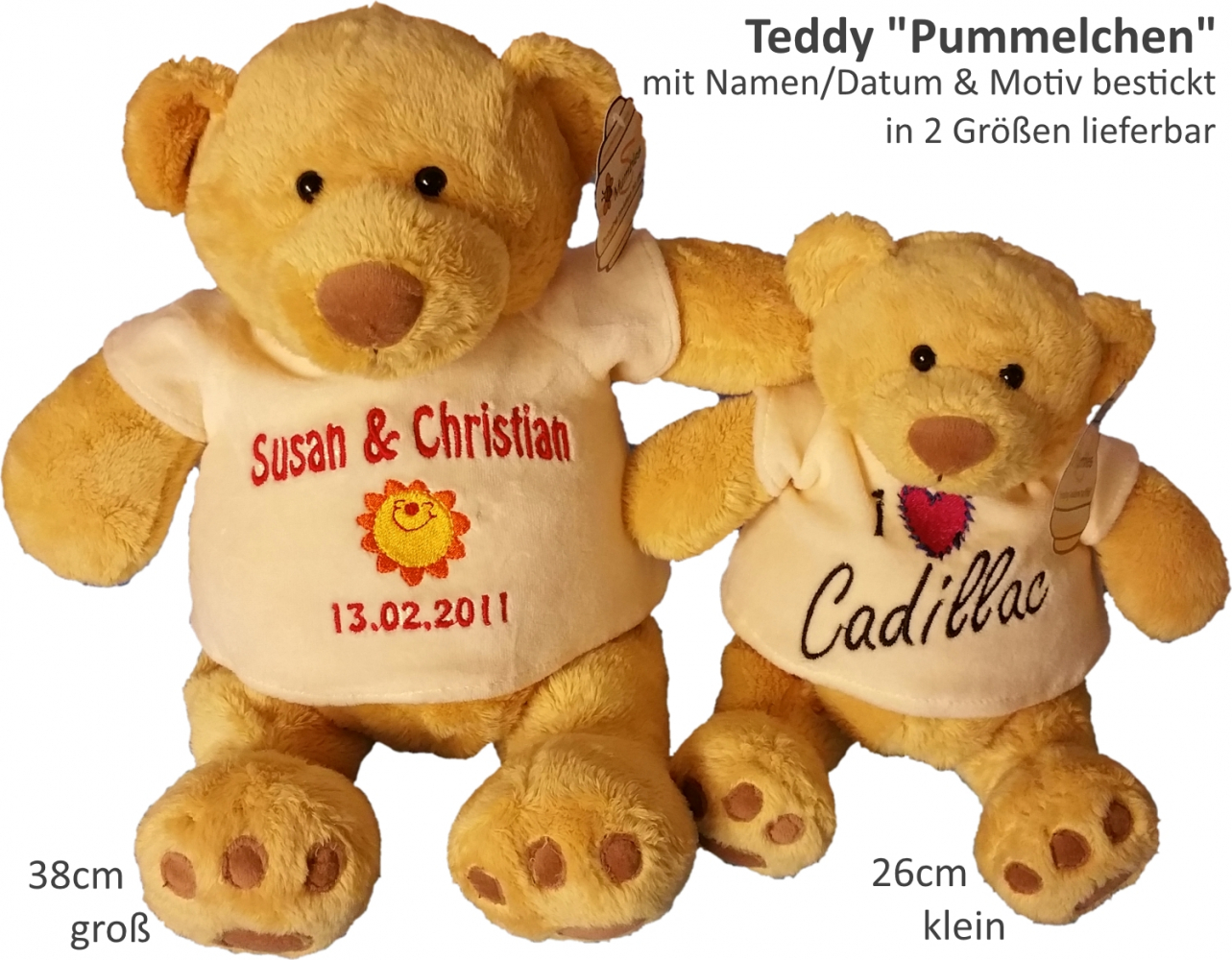 Teddy "Pummelchen",groß/ 38cm mit Minimotiv/Name & Datum bestickt