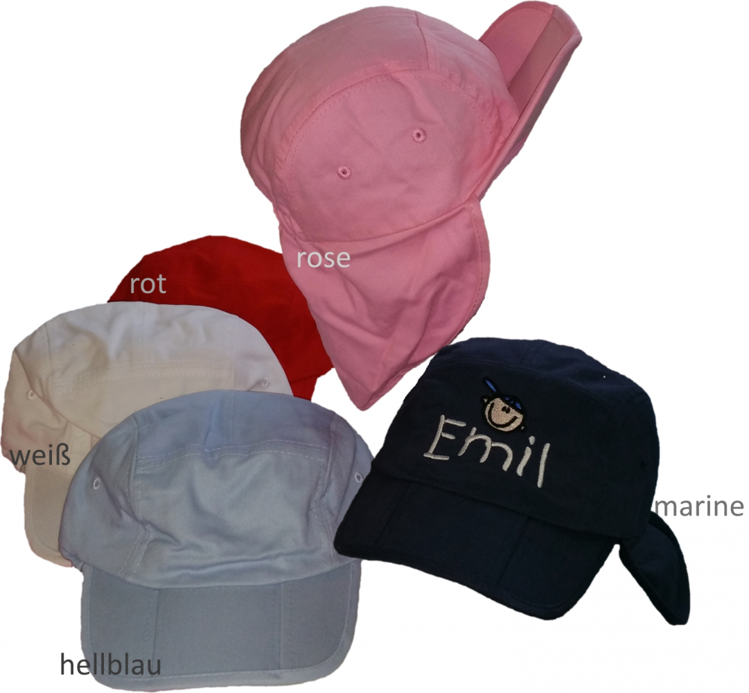 Kinder-CAP mit Nackenschutz + Motiv / Namen bestickt