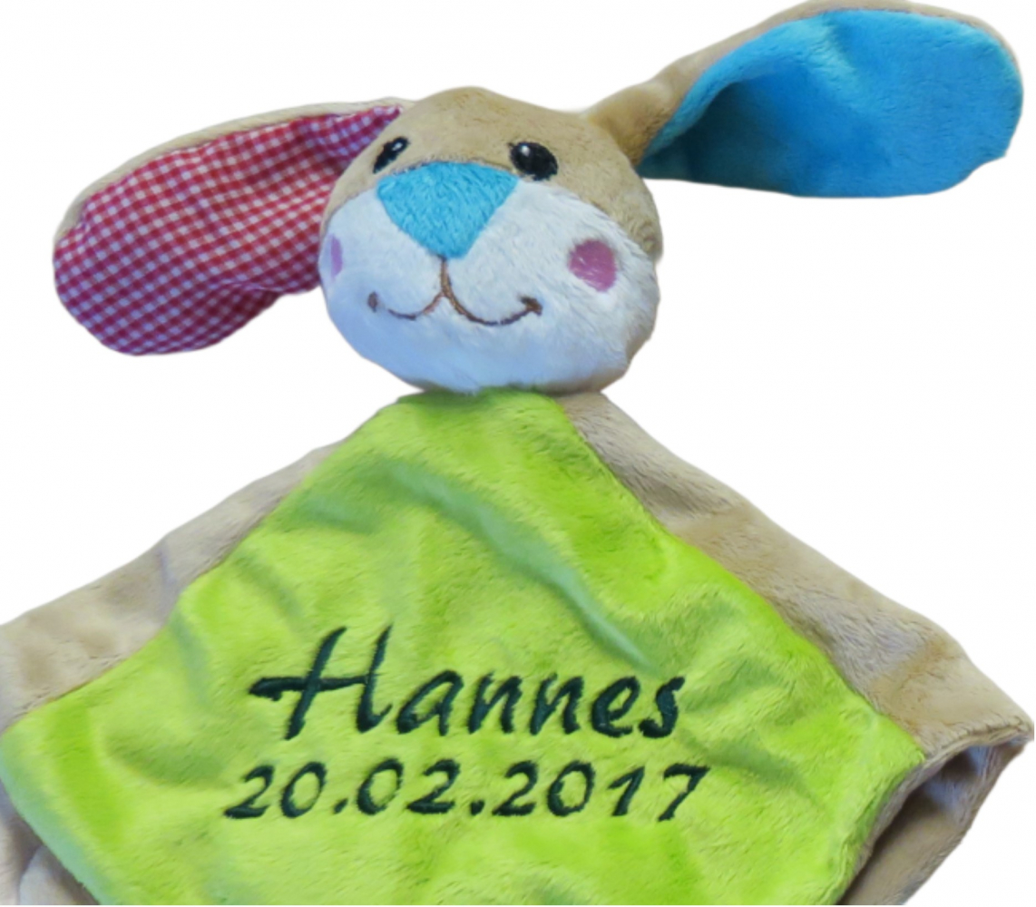 Schmusetuch, Schnuffeltuch Hase (bunt) mit Name & Datum/Text bestickt