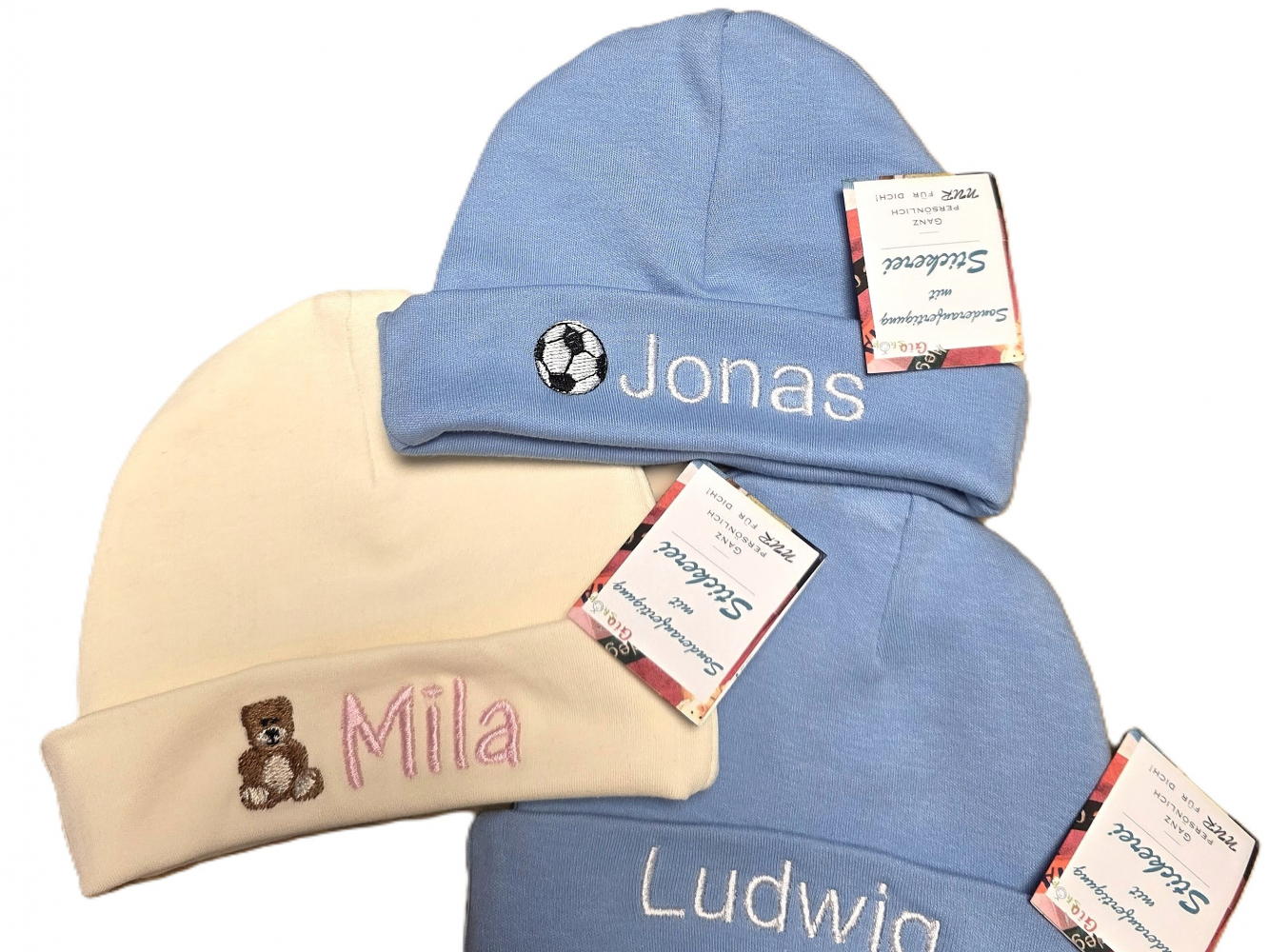 Baby Bio Mütze mit Motiv & Namen bestickt