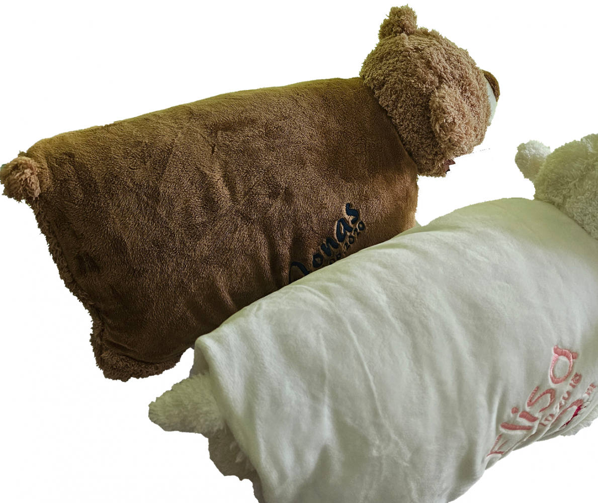 2in1 Kuscheltier-Kissen Schaf oder Bär (40cm) mit Motiv/Name & Datum bestickt