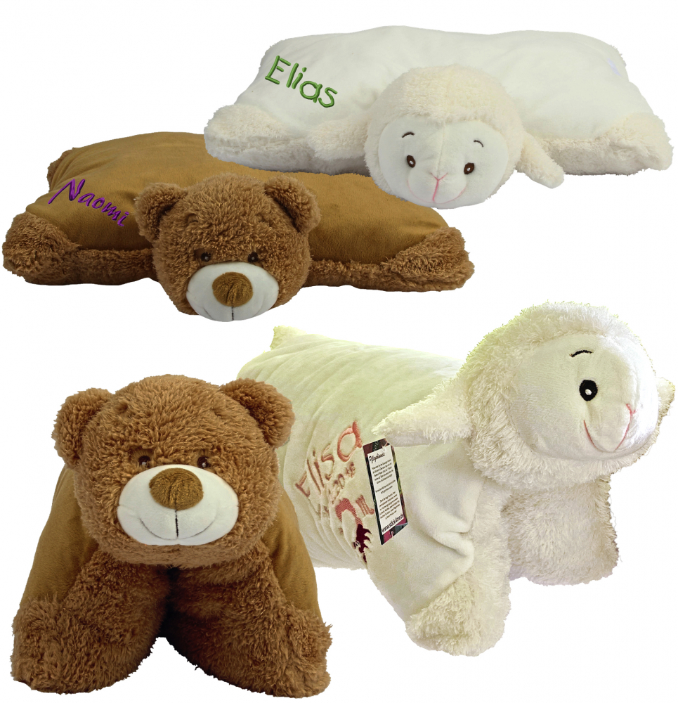 2in1 Kuscheltier-Kissen Schaf oder Bär (40cm) mit Motiv/Name & Datum bestickt