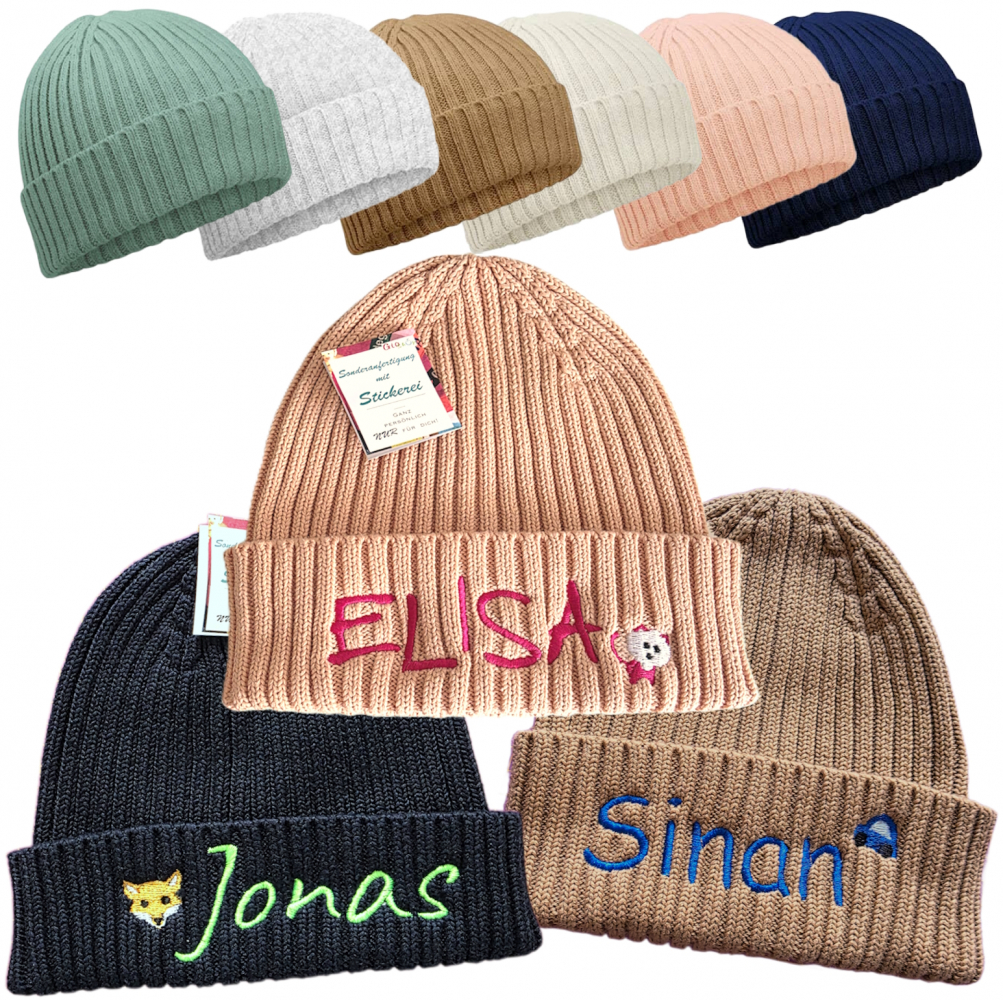 Kinder Bio Stickmütze aus Baumwolle 3-7 J mit Motiv & Namen bestickt