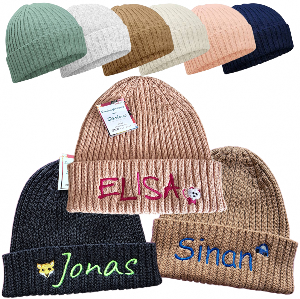 Kinder Bio Stickmütze aus Baumwolle 3-7 J mit Motiv & Namen bestickt