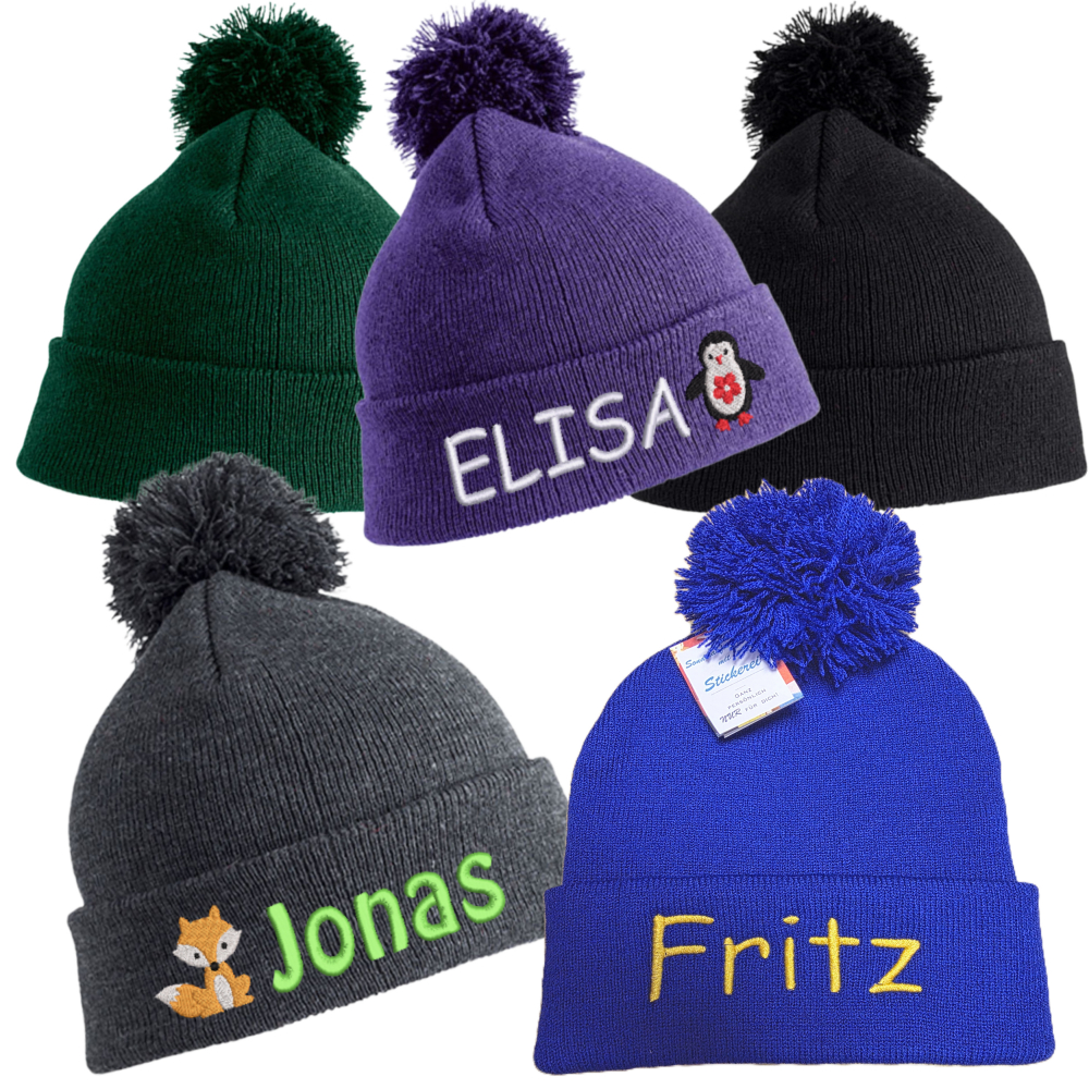 Kinder-Bommel-Strickmütze mit Motiv / Namen bestickt