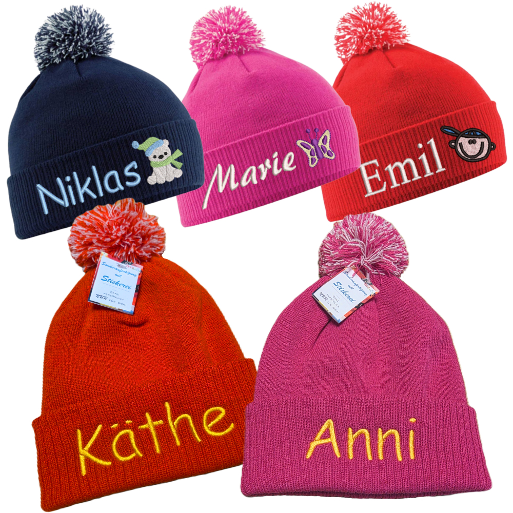 Kinder-Snow-Bommel-Strickmütze mit Motiv / Namen bestickt