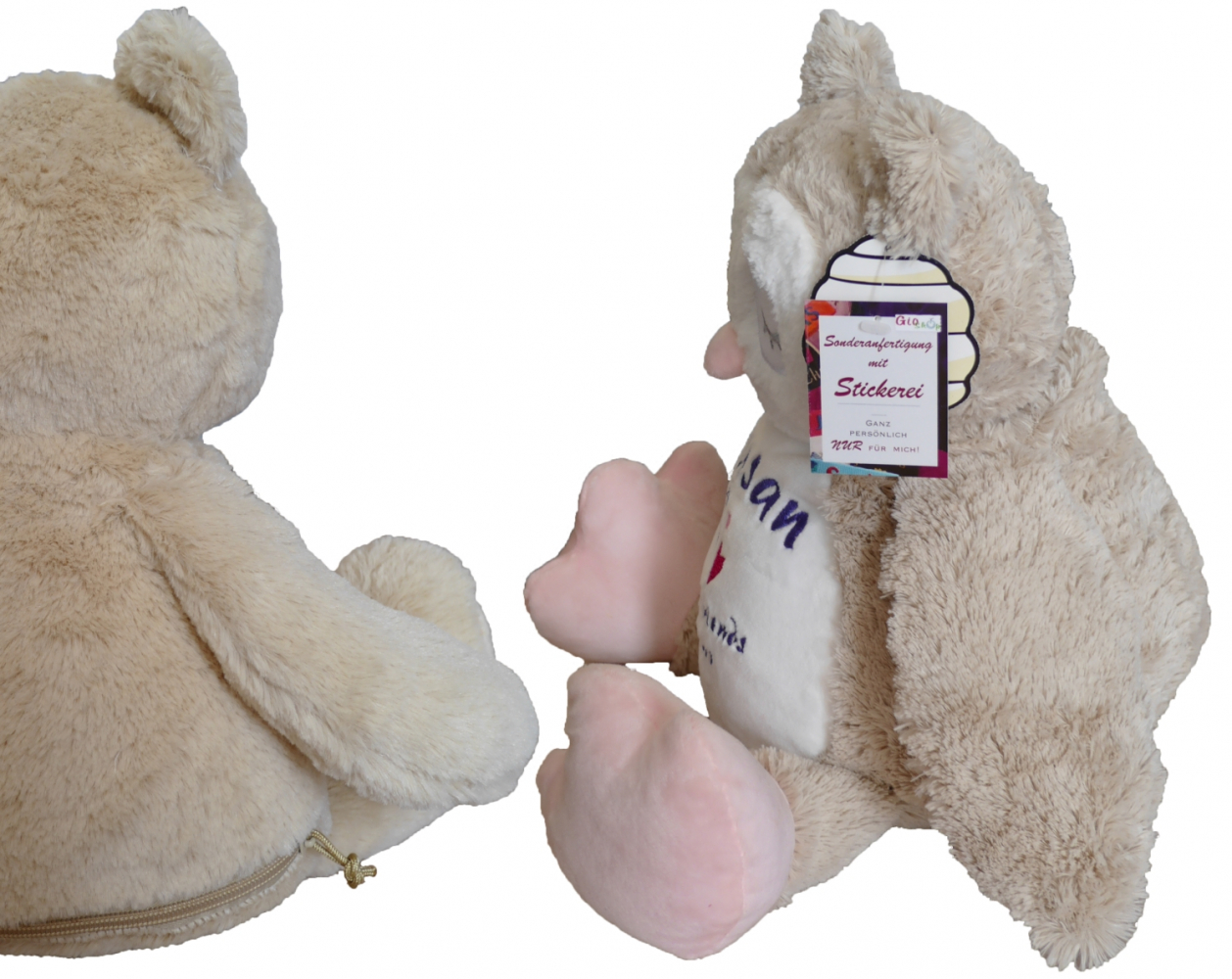Plüschtier Einhorn, Eule, Hund, Hase, Schneemann oder Bär (40cm) mit Motiv/Name & Datum