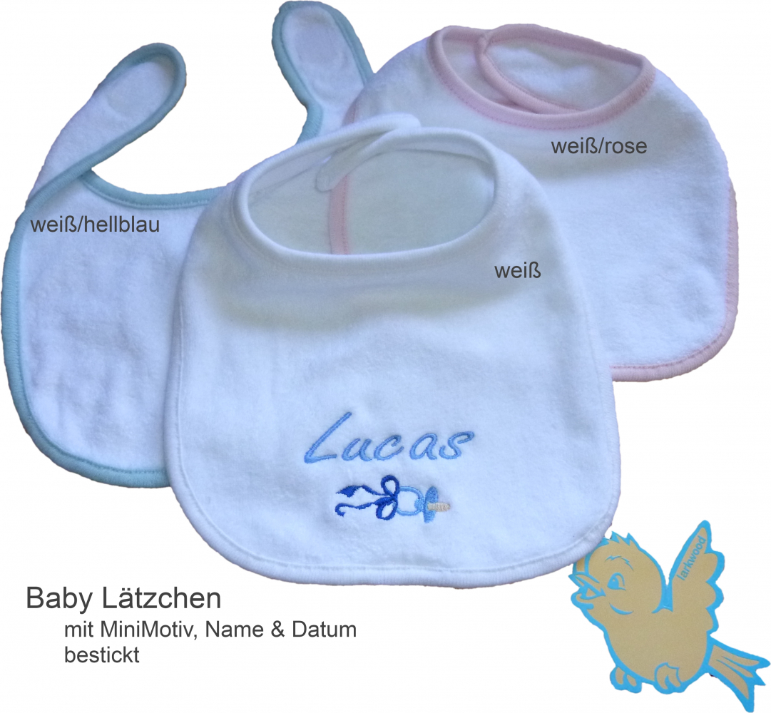 Baby Frottee-Lätzchen mit Motiv, Namen & Datum bestickt