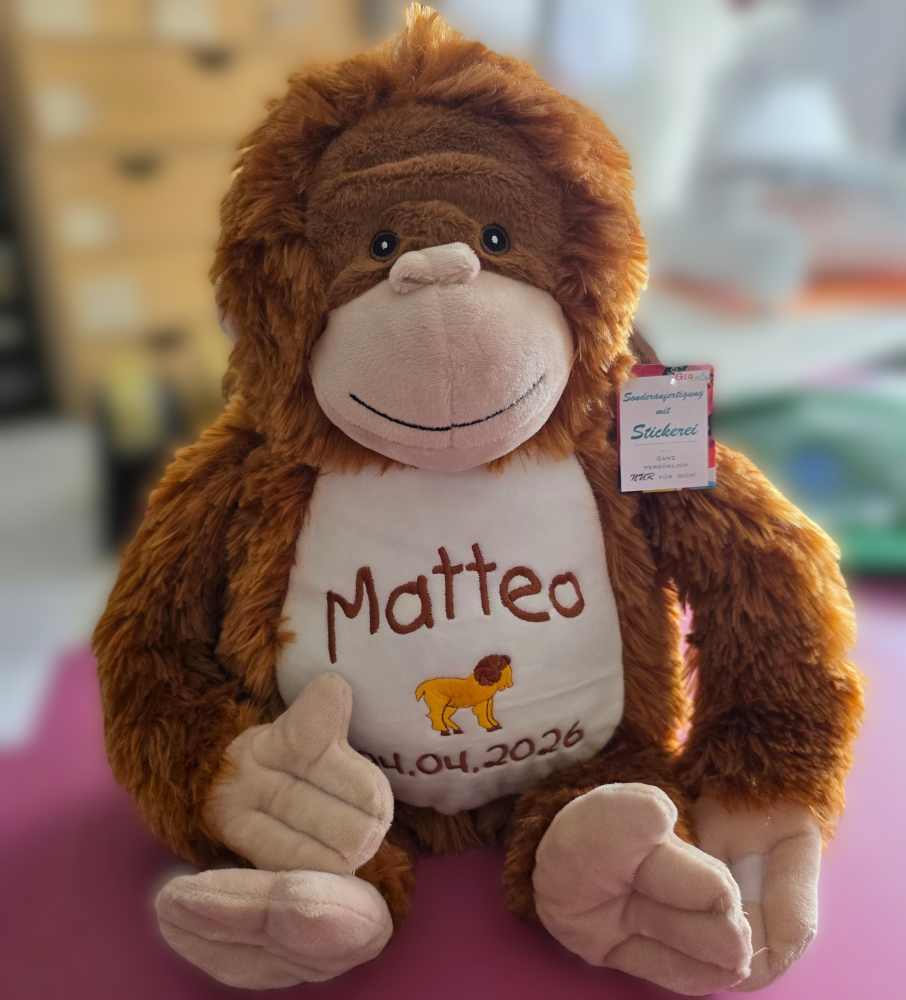 Plüsch Hund, Orang Utan, Faultier, Schneemann oder Bär (40cm) mit Motiv/Name & Datum