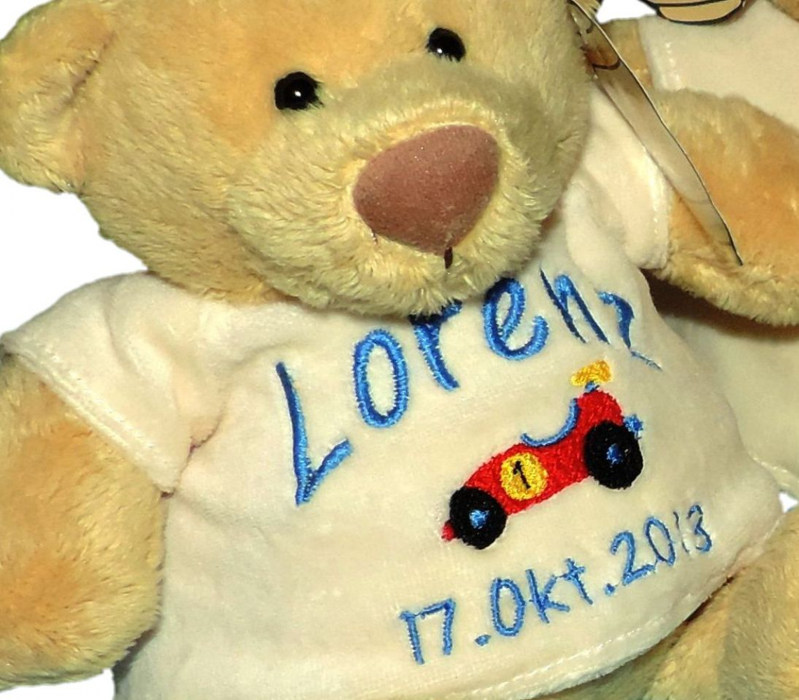Teddy "Pummelchen" klein/ 26cm mit Minimotiv/Name & Datum bestickt