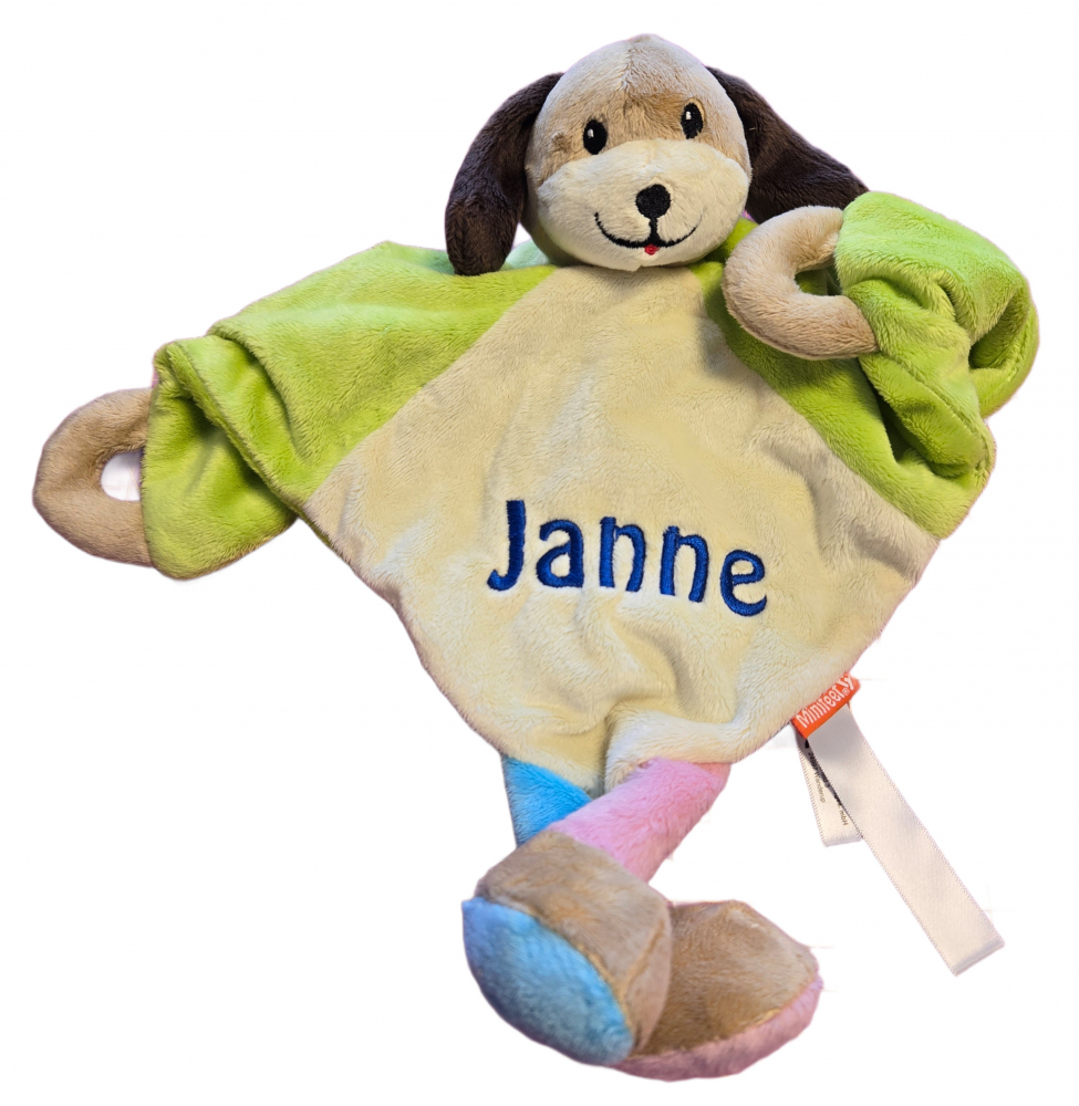 Schmusetuch, Schnuffeltuch Hund(bunt) mit Name & Datum/Text bestickt