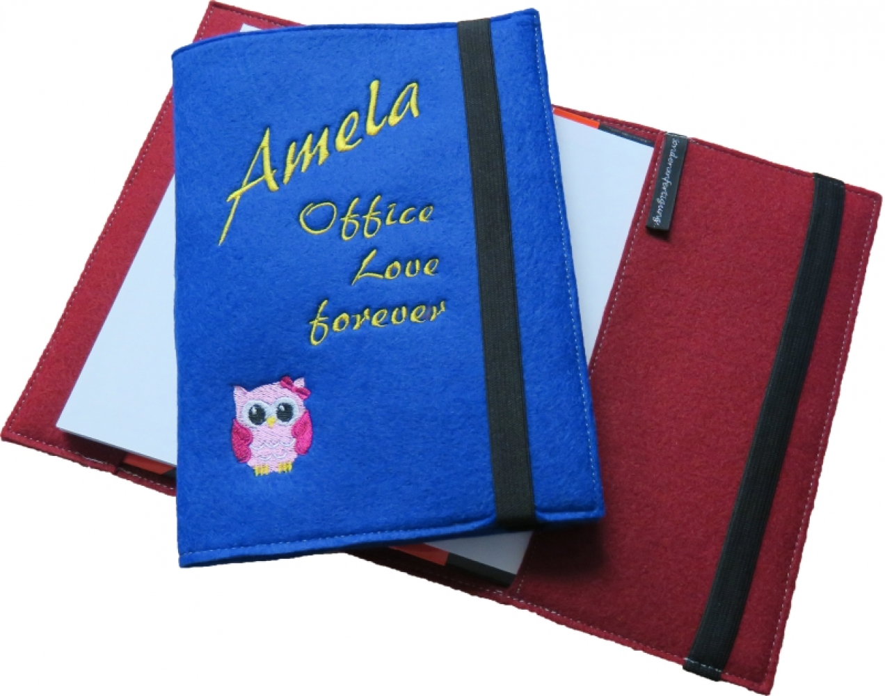 Notizbuch mit Filzeinband (Buch-Umschlag) DIN A5 (groß) + Name/Spruch & Motiv bestickt