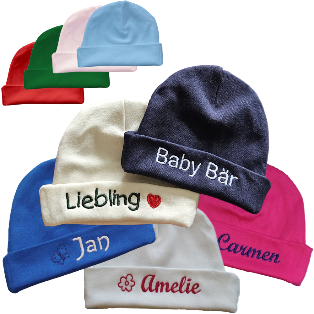 Baby Bio Mütze mit Motiv & Namen bestickt