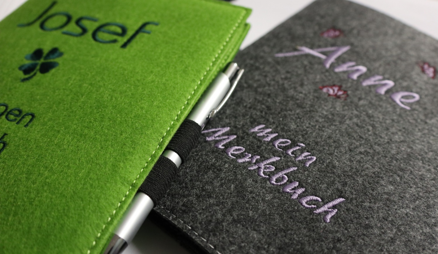 FILZ-Notizbuch mit STIFT Din A5 (groß) + Name/Spruch & Motiv bestickt
