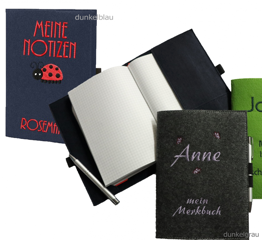 FILZ-Notizbuch mit STIFT Din A5 (groß) + Name/Spruch & Motiv bestickt