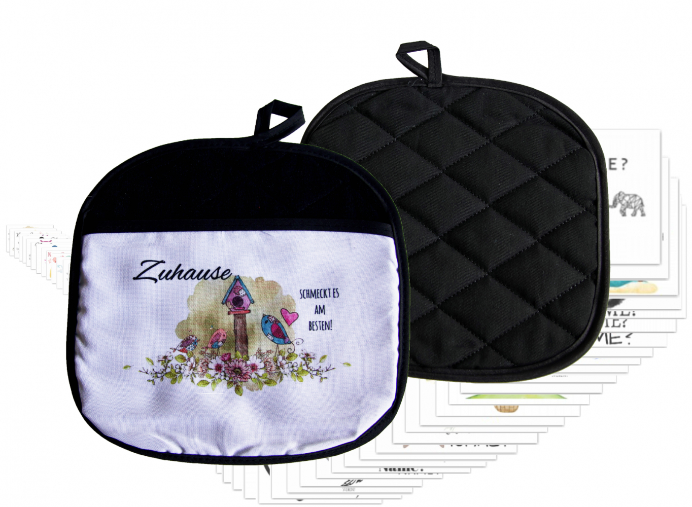 Topflappen groß, schwarz/weiß mit Motiv/Sternzeichen/Namen/Text bedruckt